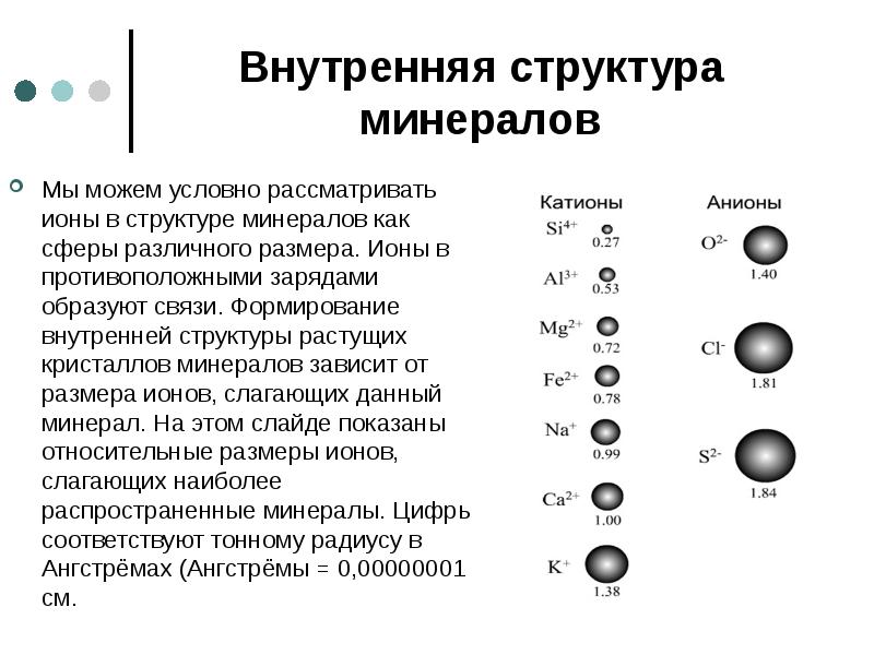 Внутренняя структура минералов Мы можем условно рассматривать ионы в структуре минералов