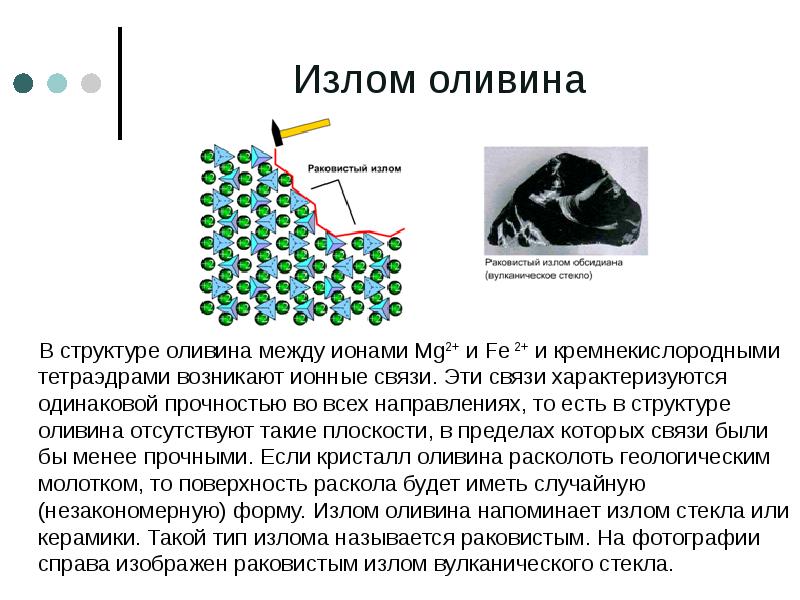 Излом оливина    В структуре оливина между ионами Mg2+