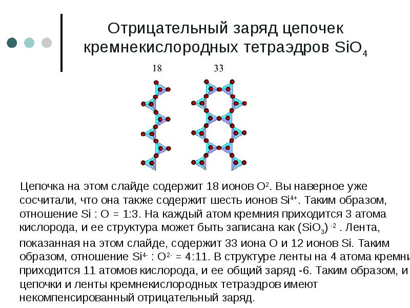 Отрицательный заряд цепочек кремнекислородных тетраэдров SiO4    Цепочка на