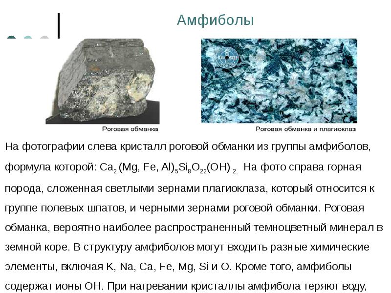 Амфиболы    На фотографии слева кристалл роговой обманки из