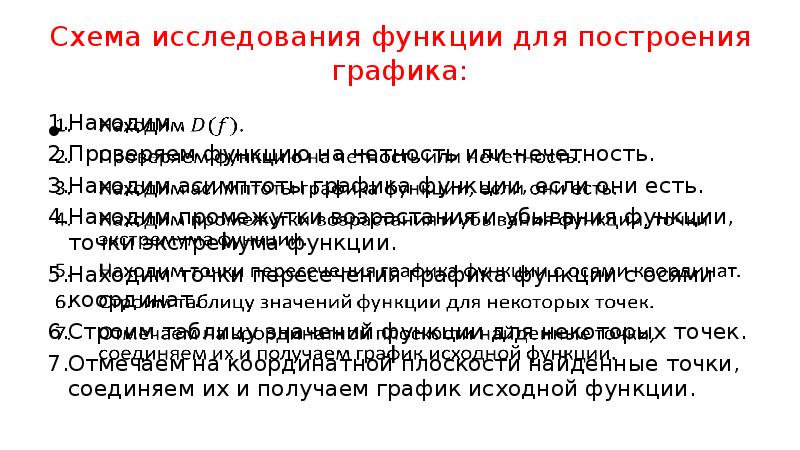 Схема исследования функции для построения графика: Находим . Проверяем функцию на