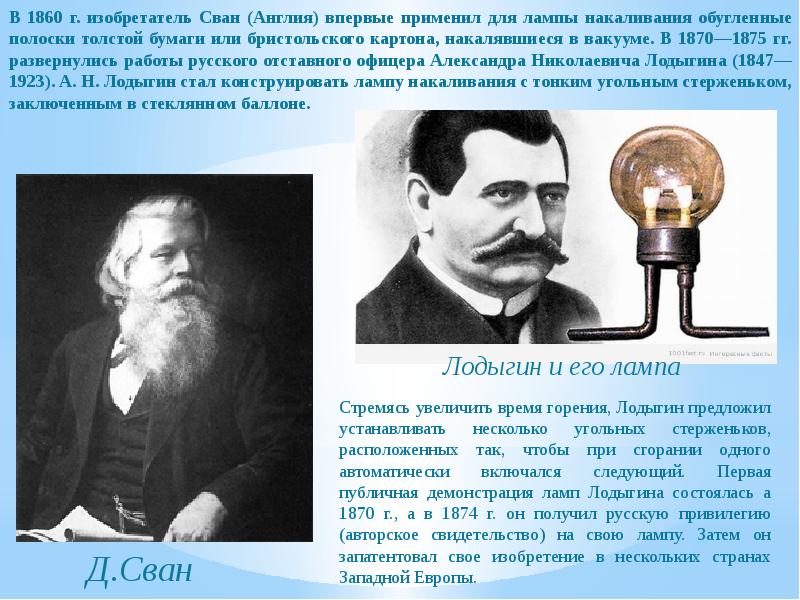 В 1860 г. изобретатель Сван (Англия) впервые применил для лампы накаливания