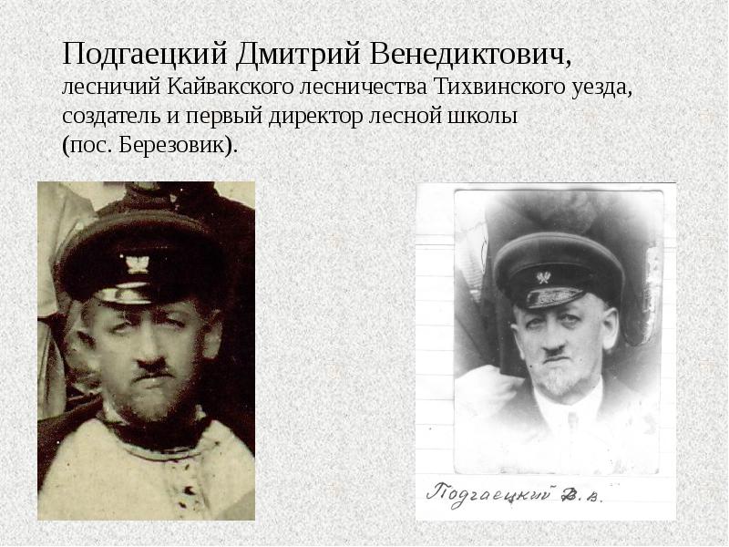 Подгаецкий Дмитрий Венедиктович,  лесничий Кайвакского лесничества Тихвинского уезда, создатель и