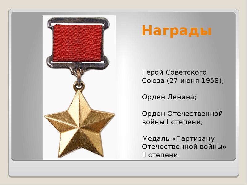 Награды Герой Советского Союза (27 июня 1958); Орден Ленина; Орден Отечественной