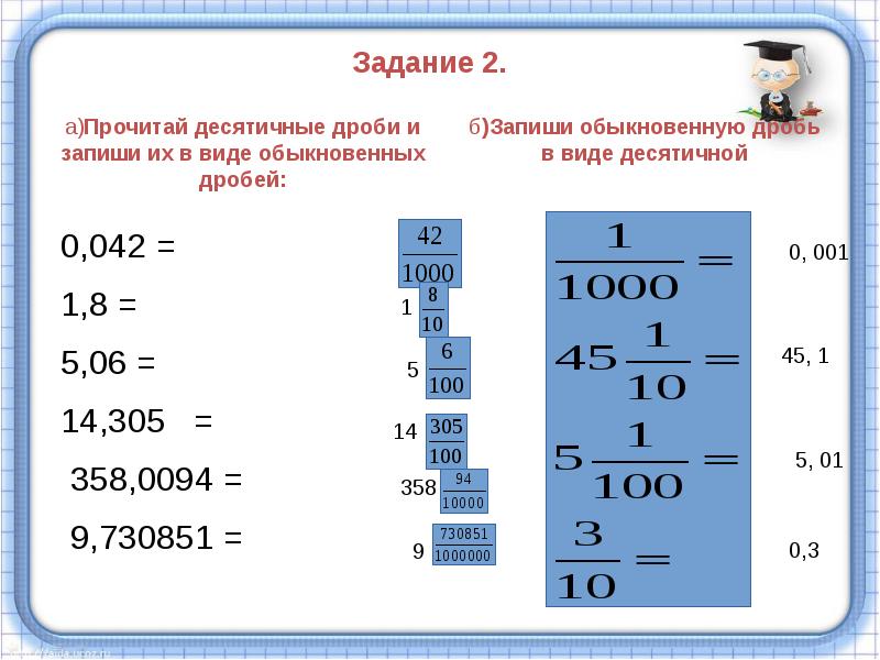 Перевод десятичной дроби в обыкновенную дробь 5 класс презентация