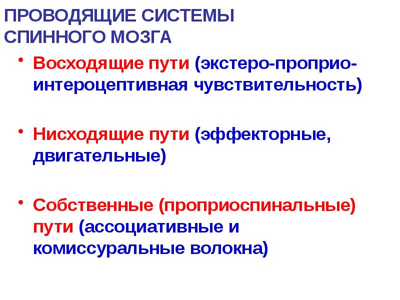 ПРОВОДЯЩИЕ СИСТЕМЫ СПИННОГО МОЗГА
Восходящие пути (экстеро-проприо-интероцептивная чувствительность)
Нисходящие ПРОВОДЯЩИЕ СИСТЕМЫ СПИННОГО МОЗГА
Восходящие пути (экстеро-проприо-интероцептивная чувствительность)
Нисходящие