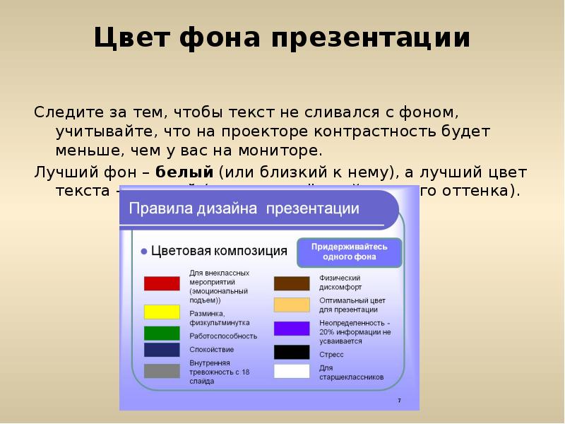 Цвет фона презентации
Следите за тем, чтобы текст не сливался Цвет фона презентации
Следите за тем, чтобы текст не сливался