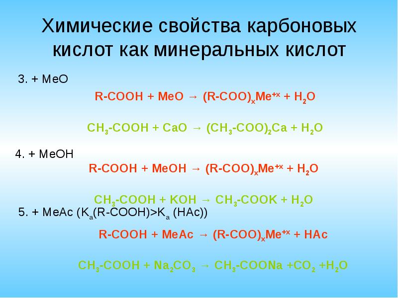 Химические свойства карбоновых кислот как минеральных кислот Химические свойства карбоновых кислот как минеральных кислот