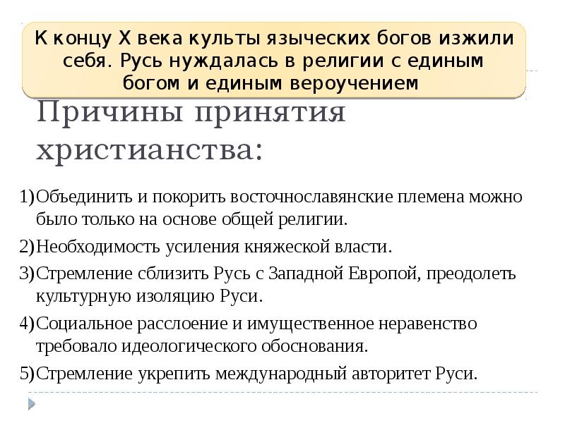 Причины принятия христианства:
Объединить и покорить восточнославянские племена можно было только Причины принятия христианства:
Объединить и покорить восточнославянские племена можно было только