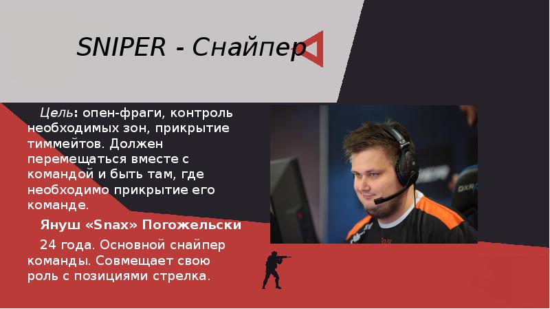 SNIPER - Снайпер Цель:&nbsp;опен-фраги, контроль необходимых зон, прикрытие тиммейтов. Должен перемещаться
