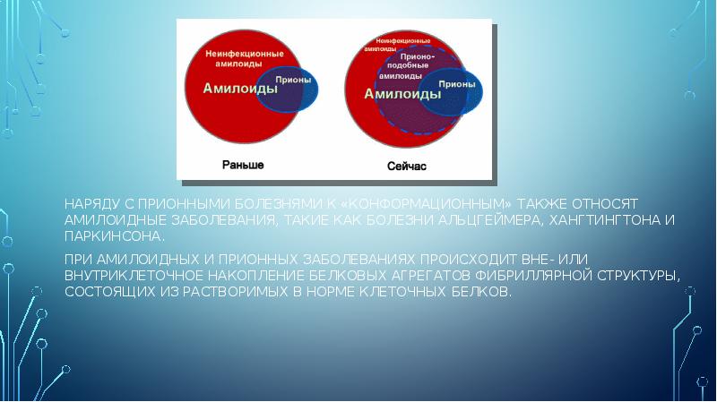 Наряду с прионными болезнями к «конформационным» также относят амилоидные заболевания, такие Наряду с прионными болезнями к «конформационным» также относят амилоидные заболевания, такие