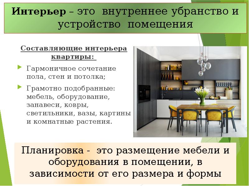 Это размещение мебели и кухонного оборудования в помещении в зависимости от его размера и формы