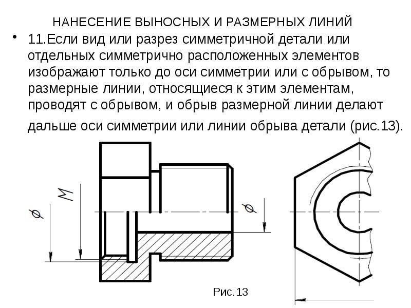 Размеры на симметричной детали на чертеже