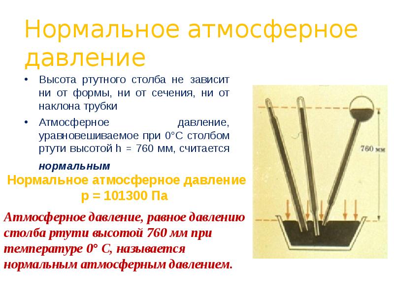 Нормальное атмосферное давление
Высота ртутного столба не зависит ни от формы, Нормальное атмосферное давление
Высота ртутного столба не зависит ни от формы,