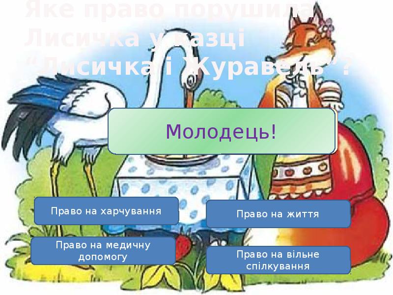 Яке право порушила Лисичка у казці “Лисичка і Журавель”? Яке право порушила Лисичка у казці “Лисичка і Журавель”?