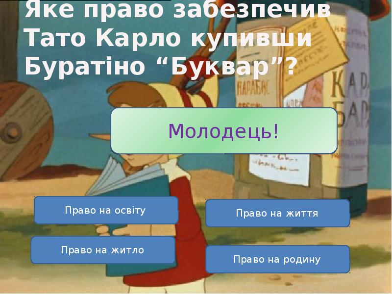 Яке право забезпечив Тато Карло купивши Буратіно “Буквар”? Яке право забезпечив Тато Карло купивши Буратіно “Буквар”?