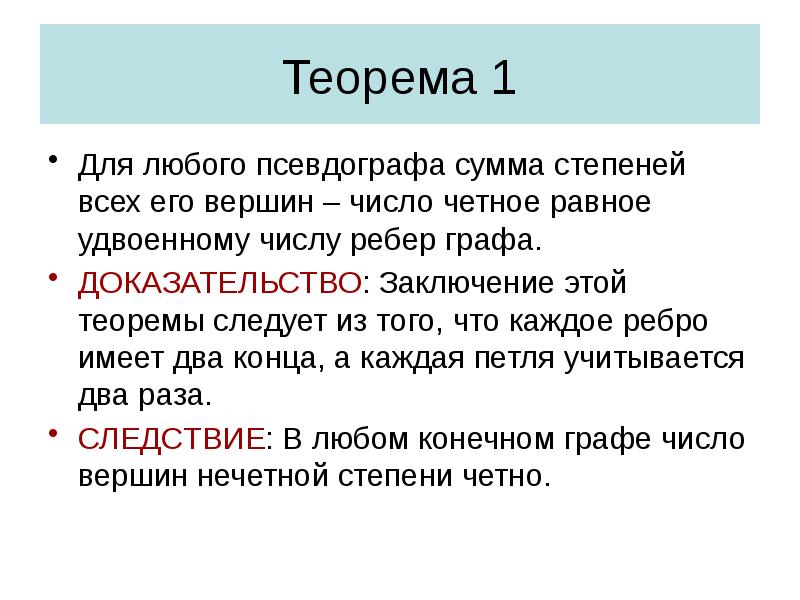 Теорема 1
Для любого псевдографа сумма степеней всех его вершин – Теорема 1
Для любого псевдографа сумма степеней всех его вершин –