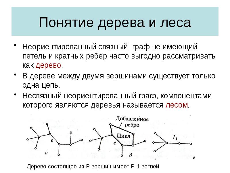 Понятие дерева и леса
Неориентированный связный граф не имеющий петель и Понятие дерева и леса
Неориентированный связный граф не имеющий петель и