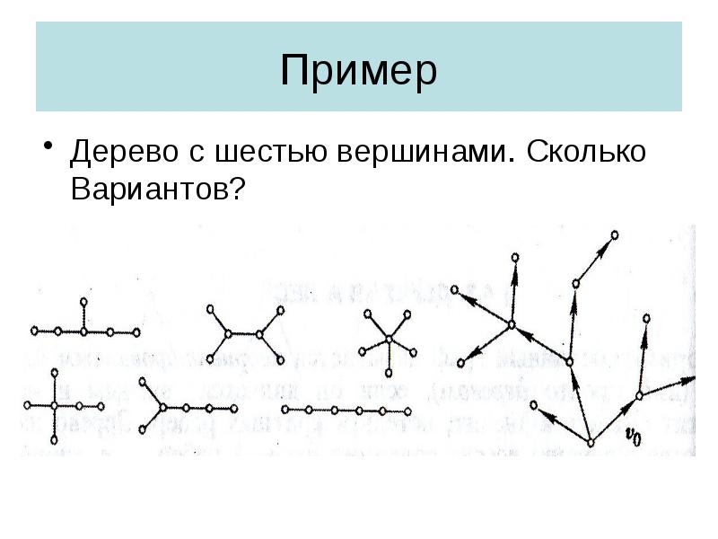 Пример
Дерево с шестью вершинами. Сколько Вариантов? Пример
Дерево с шестью вершинами. Сколько Вариантов?