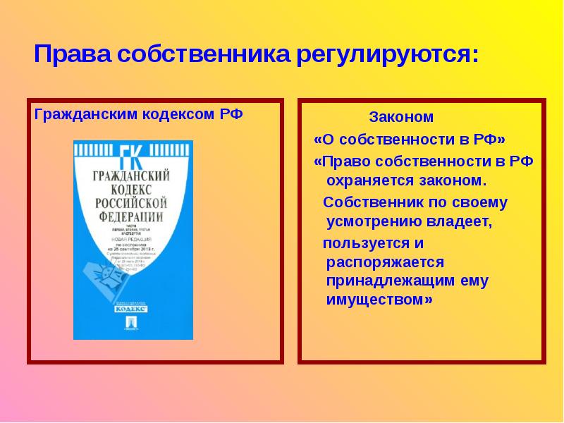 Права собственника регулируются:  Гражданским кодексом РФ