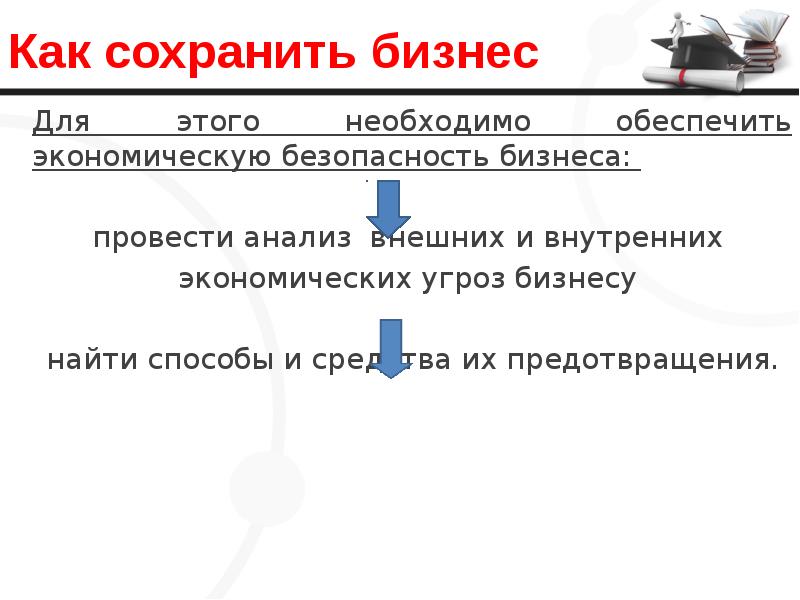 Как сохранить бизнес Для этого необходимо обеспечить экономическую безопасность бизнеса: 