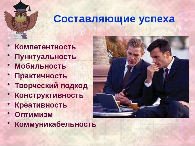 Составляющие успеха
Компетентность
Пунктуальность
Мобильность
Практичность
Творческий подход
Конструктивность
Креативность
Оптимизм Составляющие успеха
Компетентность
Пунктуальность
Мобильность
Практичность
Творческий подход
Конструктивность
Креативность
Оптимизм