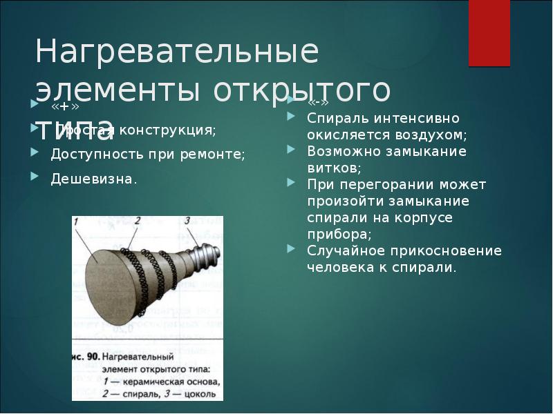 Нагревательные элементы открытого типа
«+»
Простая конструкция;
Доступность при ремонте;
Нагревательные элементы открытого типа
«+»
Простая конструкция;
Доступность при ремонте;