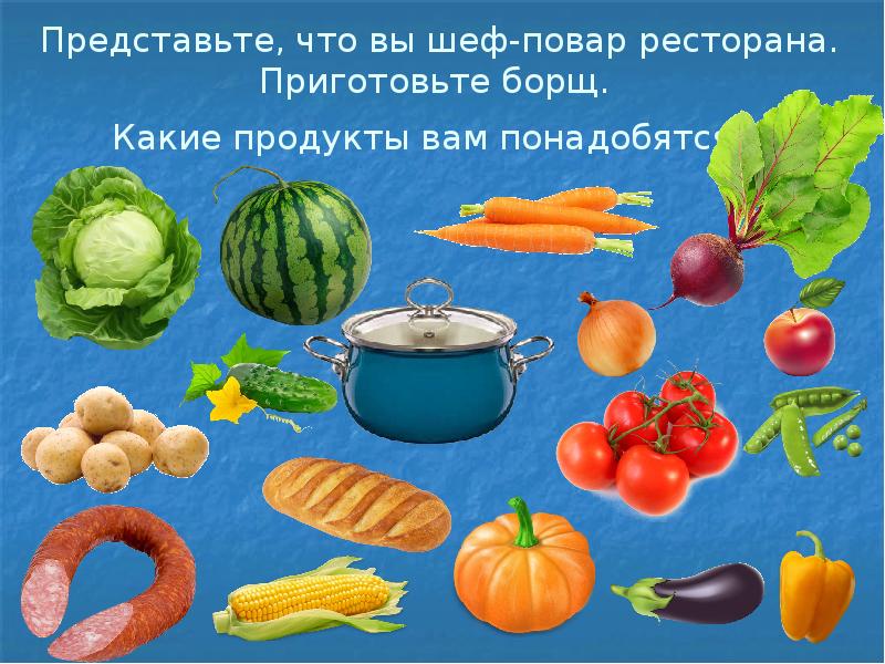 Представьте, что вы шеф-повар ресторана. Приготовьте борщ. Какие продукты вам