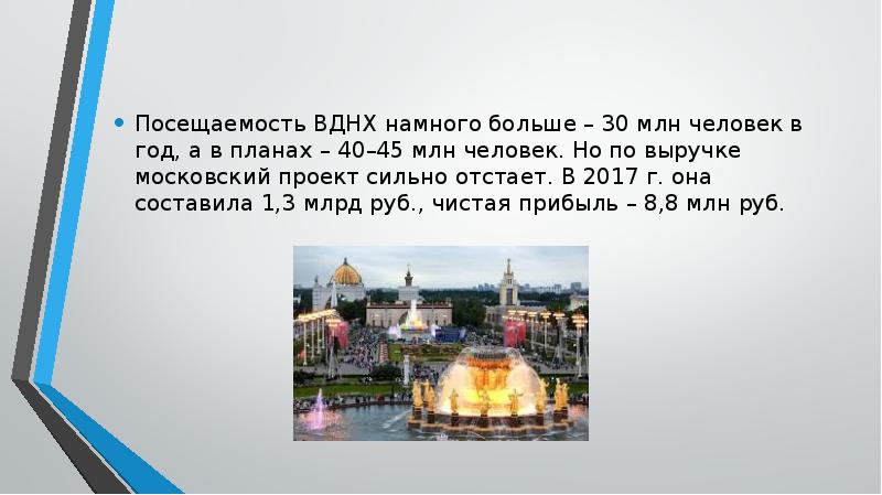 Посещаемость ВДНХ намного больше – 30 млн человек в год, а Посещаемость ВДНХ намного больше – 30 млн человек в год, а