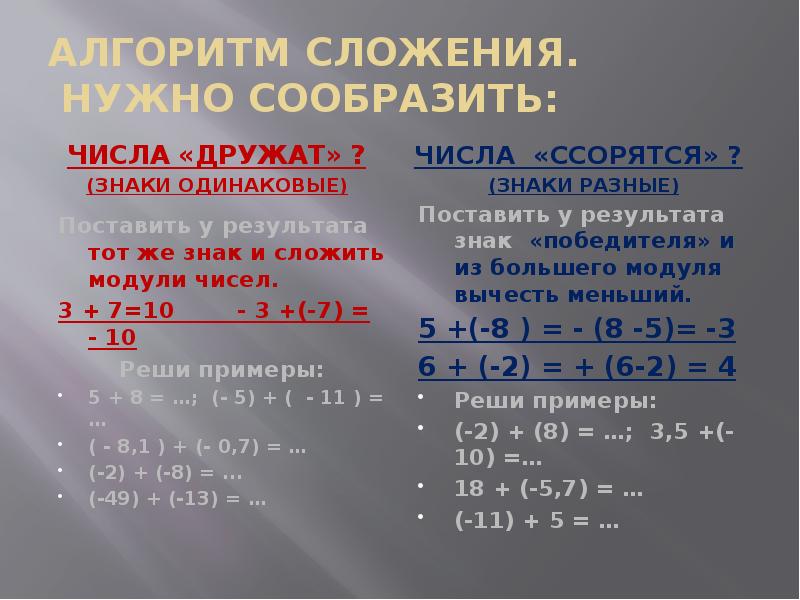 Сложение и вычитание положительных и отрицательных чисел 6 класс презентация