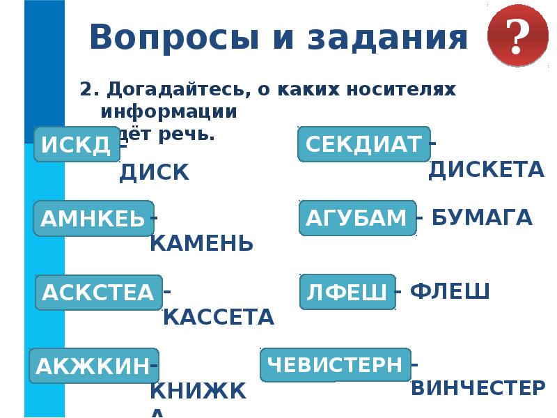 В следующих примерах укажите информационный носитель