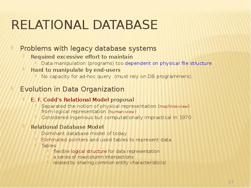 Relational Database
Problems with legacy database systems
Required excessive effort to Relational Database
Problems with legacy database systems
Required excessive effort to