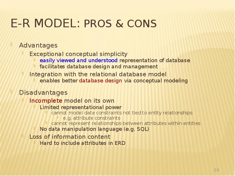 E-R Model: Pros & Cons
Advantages
Exceptional conceptual simplicity
easily E-R Model: Pros & Cons
Advantages
Exceptional conceptual simplicity
easily