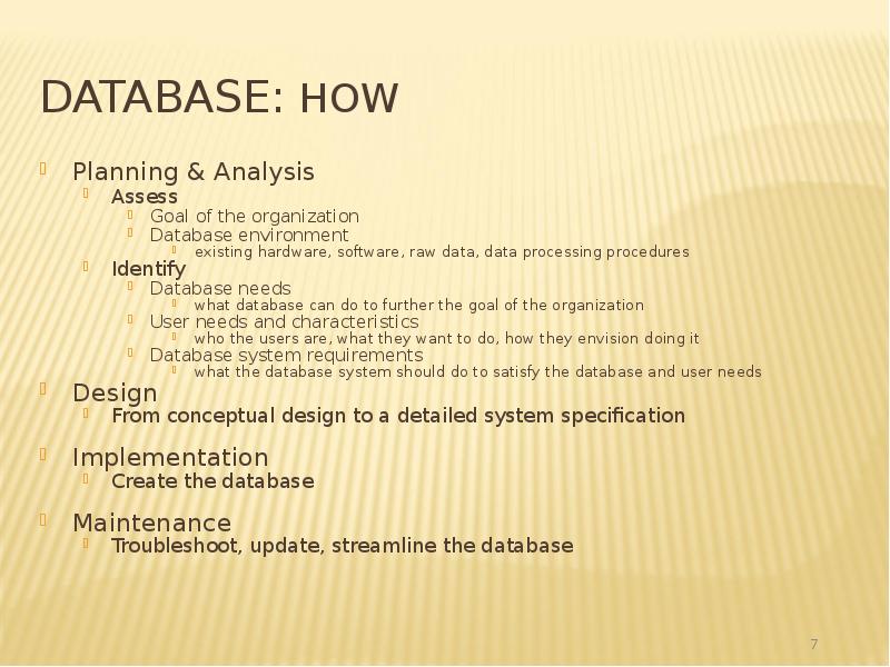 Database: How
Planning & Analysis
Assess
Goal of the organization
Database: How
Planning & Analysis
Assess
Goal of the organization
