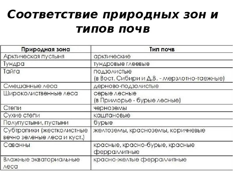 Соответствие природных зон и типов почв
