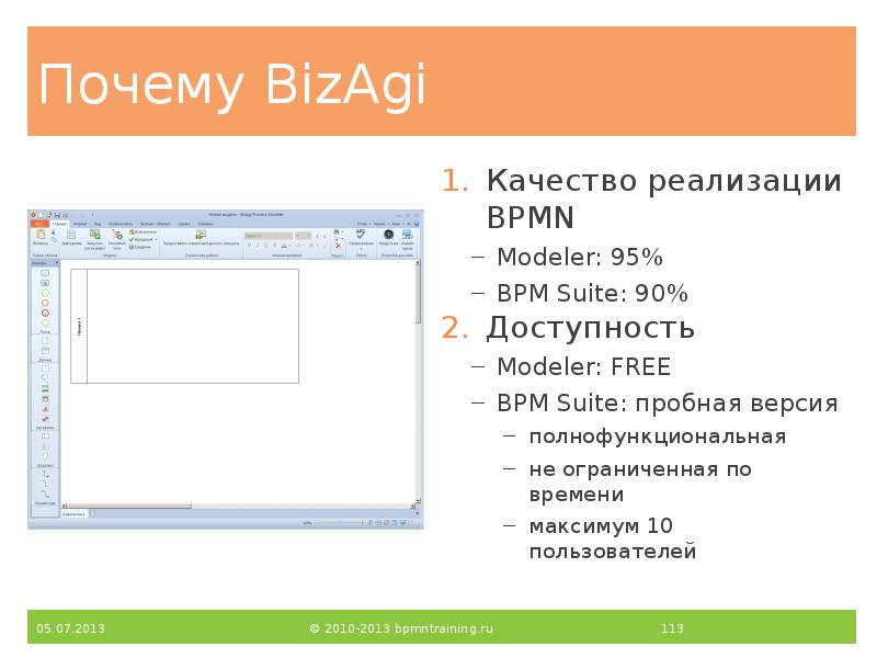 Почему BizAgi
Качество реализации BPMN
Modeler: 95%
BPM Suite: 90%
Доступность
Почему BizAgi
Качество реализации BPMN
Modeler: 95%
BPM Suite: 90%
Доступность