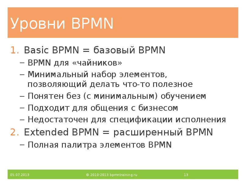 Уровни BPMN
Basic BPMN = базовый BPMN
BPMN для «чайников»
Минимальный Уровни BPMN
Basic BPMN = базовый BPMN
BPMN для «чайников»
Минимальный