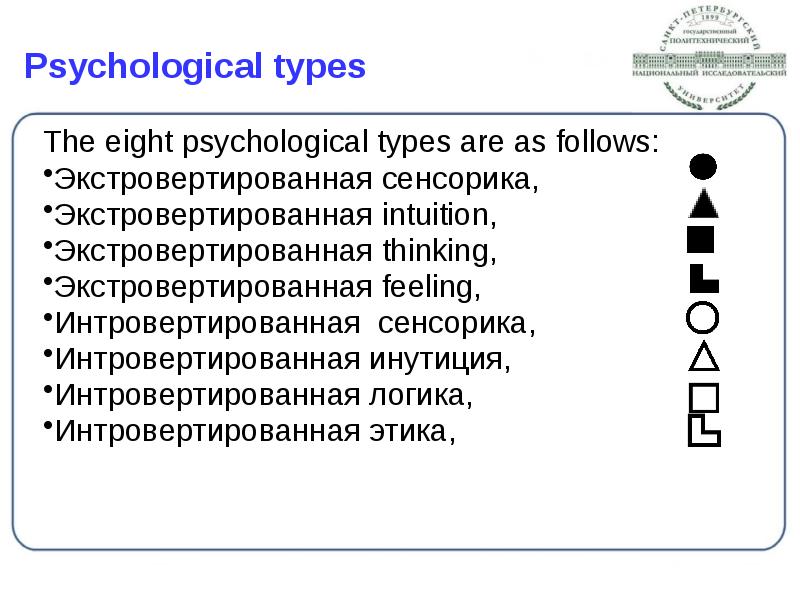 Psychological types
The eight psychological types are as follows:
Экстровертированная Psychological types
The eight psychological types are as follows:
Экстровертированная