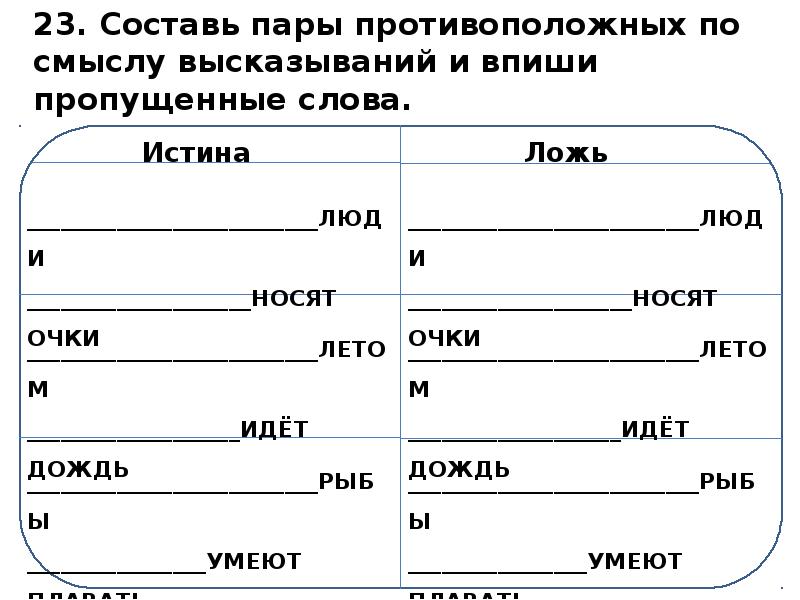 Впишите пропущенные слова в начальный отдел