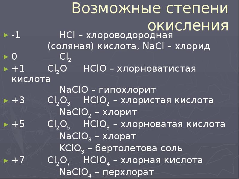 Степень окисления элементов хлорной кислоты