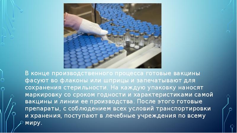 В конце производственного процесса готовые вакцины фасуют во флаконы или шприцы и запечатывают для В конце производственного процесса готовые вакцины фасуют во флаконы или шприцы и запечатывают для