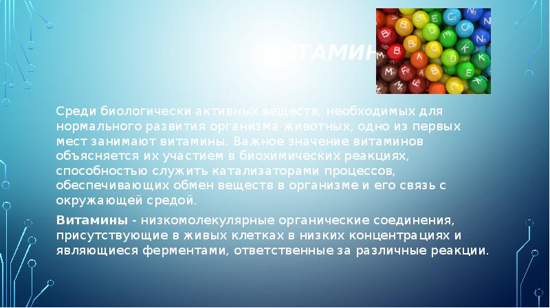 Витамины
Среди биологически активных веществ, необходимых для нормального развития организма животных, Витамины
Среди биологически активных веществ, необходимых для нормального развития организма животных,