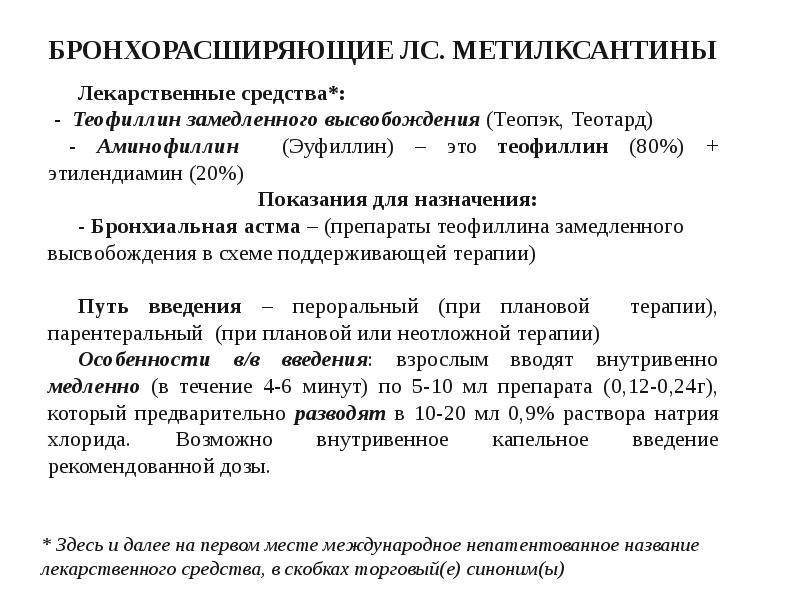 Бронхорасширяющий препарат группы метилксантинов. Бронхорасширяющий препарат группы метилксантинов