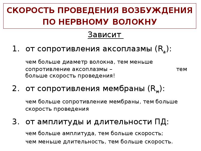 СКОРОСТЬ ПРОВЕДЕНИЯ ВОЗБУЖДЕНИЯ ПО НЕРВНОМУ ВОЛОКНУ
Зависит
от сопротивления СКОРОСТЬ ПРОВЕДЕНИЯ ВОЗБУЖДЕНИЯ ПО НЕРВНОМУ ВОЛОКНУ
Зависит
от сопротивления