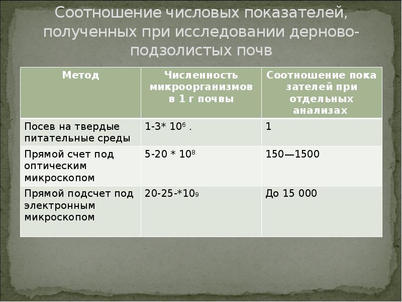 Соотношение числовых показателей, полученных при исследовании дерново-подзолистых почв Соотношение числовых показателей, полученных при исследовании дерново-подзолистых почв