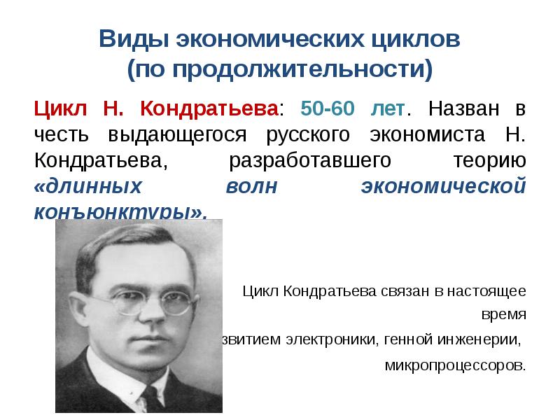 Длинных волн экономической конъюнктуры. Российские экономисты представители. Виды экономических циклов по продолжительности.