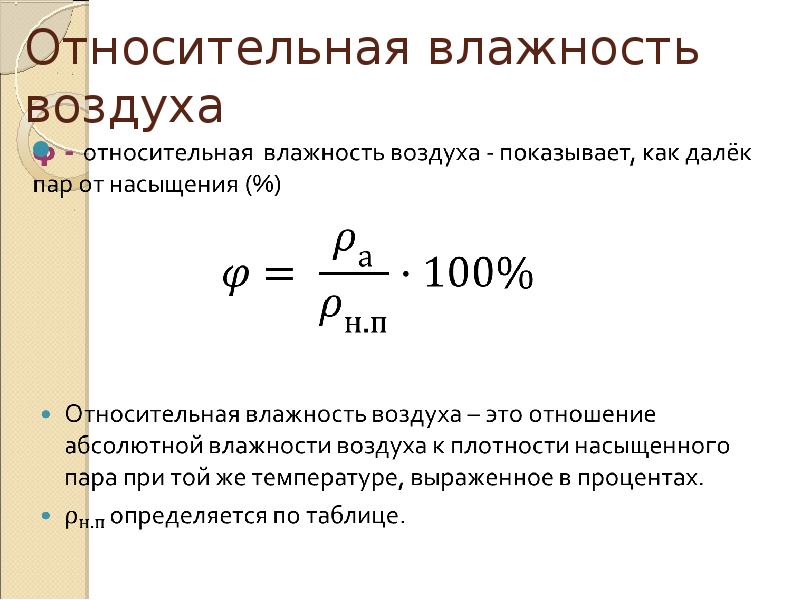 Относительная влажность воздуха 60. Измерение влажности воздуха формула. Формула расчета относительной влажности воздуха. Формулы расчета абсолютной и относительной влажности. Относительная влажность влажного воздуха.