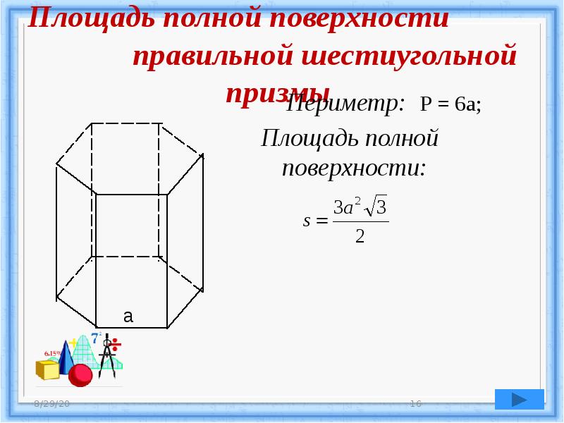 Найдите площадь боковой поверхности шестиугольной. Площадь полной поверхности правильной шестиугольной Призмы. Площадь поверхности шестиугольной Призмы. Полная площадь шестиугольной Призмы. Площадь полной поверхности шестиугольной Призмы.