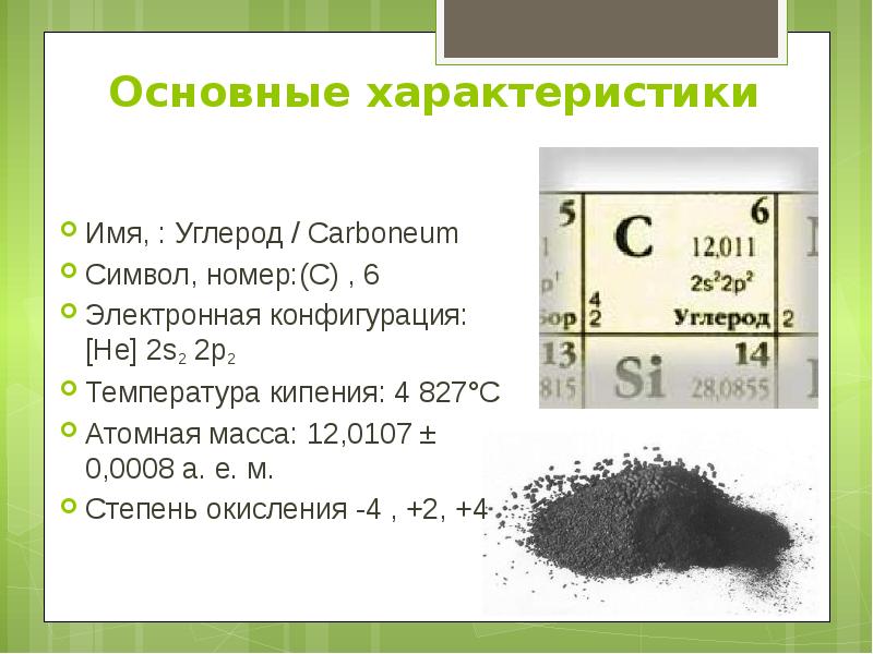 Характеристика химического элемента по плану углерод 9 класс