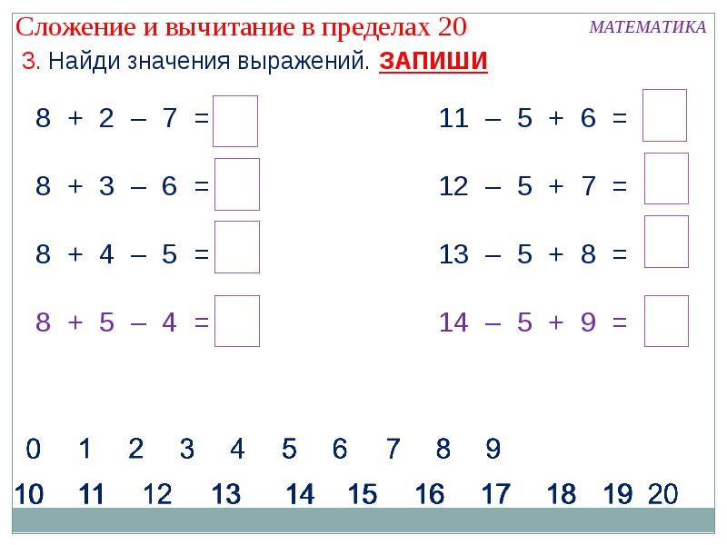 Сложение и вычитание в пределах 20 картинки